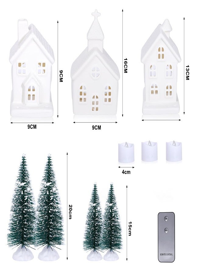 Peninpha 7PCS Christmas Village Sets - 3 LED Lighted Ceramic White Houses with 4 Decorative Christmas Trees Remote Control Led Candles for Xmas Home Tabletop Mantel Shelf Decor - Image 3